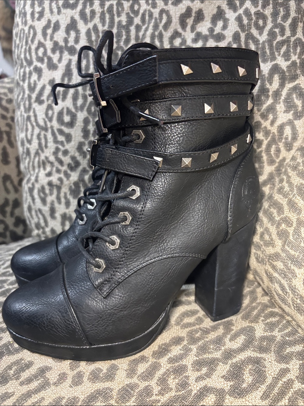 Milwaukee Leather black leather high heel ankle boots studded punk moto goth 8